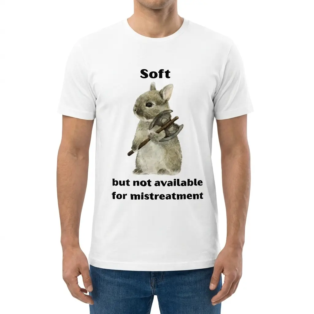 Soft But Not Available For Mistreatment Bunny T-Shirt 4 Man wearing white graphic tee with white tee front print reading Soft but not available for mistreatment with a watercolor bunny holding an axe