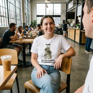 Soft But Not Available For Mistreatment Bunny T-Shirt 10 Everyday streetwear outfit styling white shirt with white tee front print reading Soft but not available for mistreatment with a watercolor bunny holding
