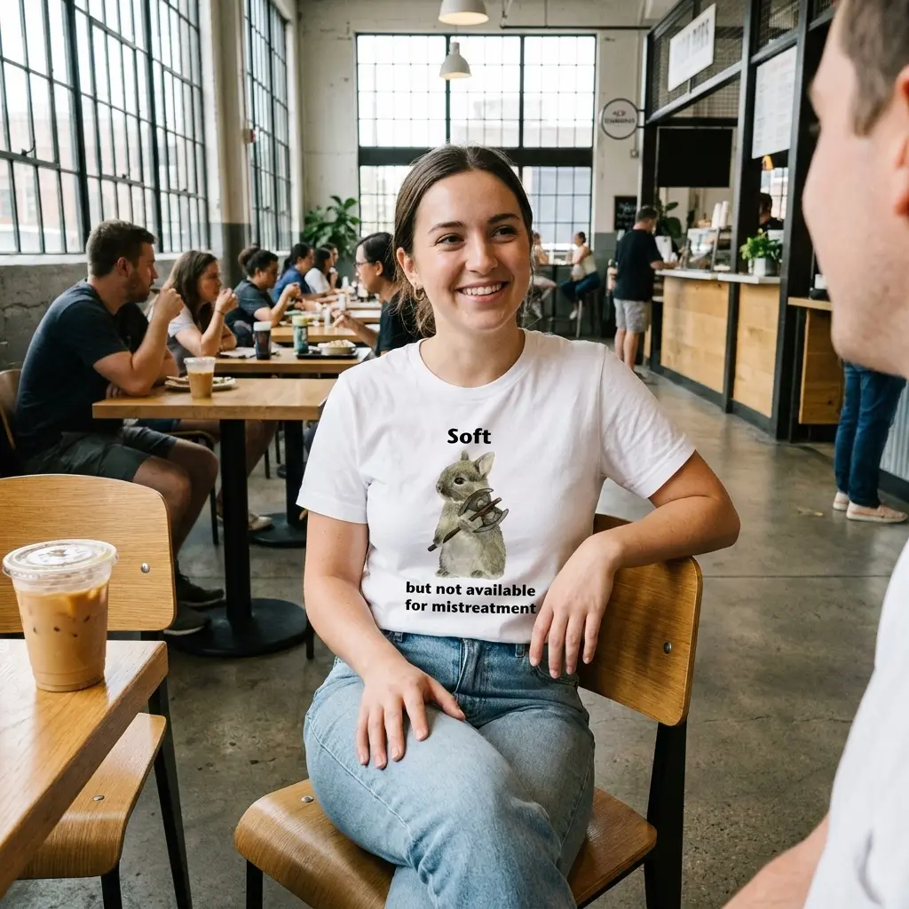 Soft But Not Available For Mistreatment Bunny T-Shirt 5 Everyday streetwear outfit styling white shirt with white tee front print reading Soft but not available for mistreatment with a watercolor bunny holding