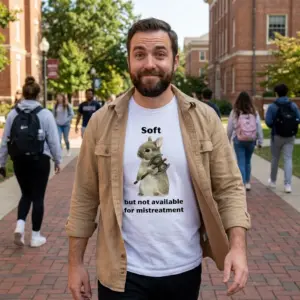 Soft But Not Available For Mistreatment Bunny T-Shirt 11 Close-up casual look showcasing white tee and white tee front print reading Soft but not available for mistreatment with a watercolor bunny holding an axe