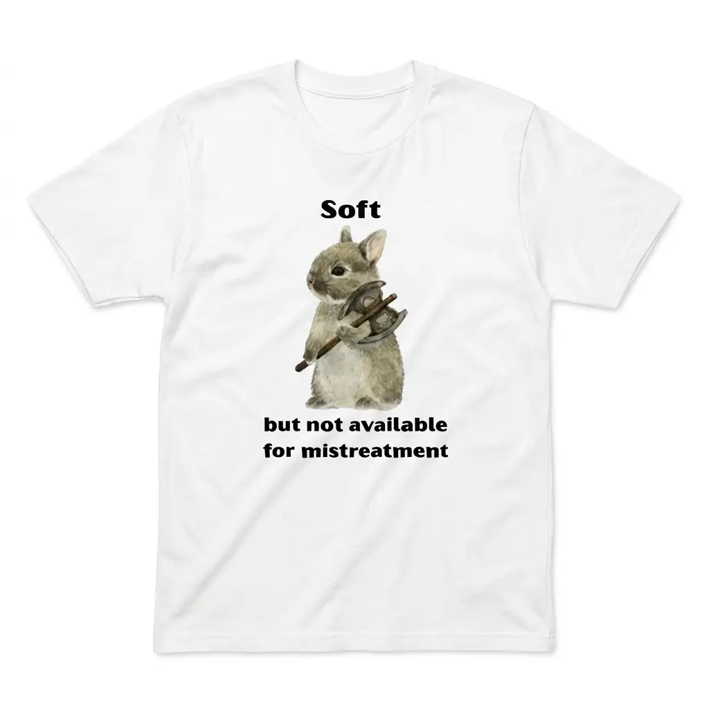 Soft But Not Available For Mistreatment Bunny T-Shirt 1 Flatlay white t-shirt featuring white tee front print reading Soft but not available for mistreatment with a watercolor bunny holding an axe