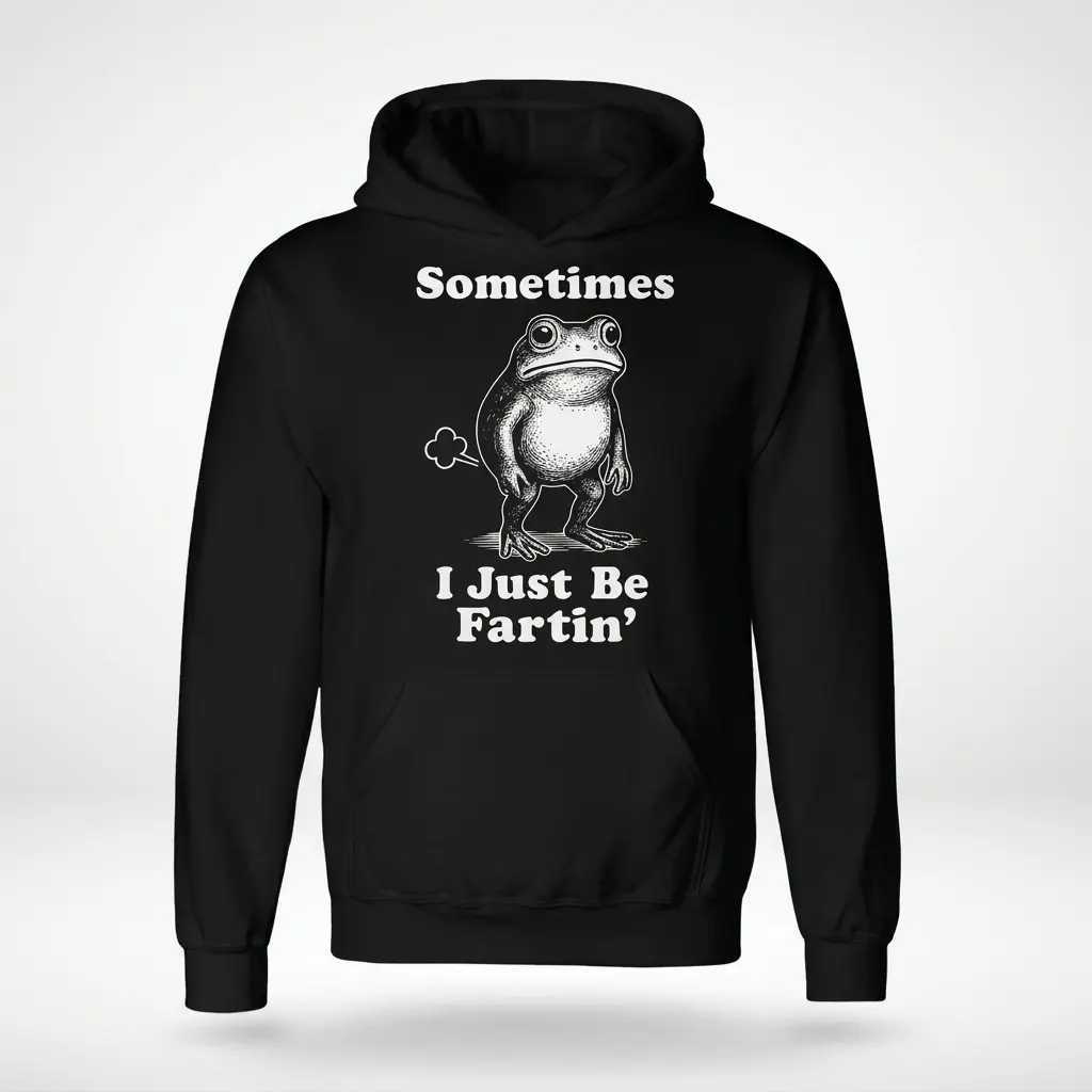 Sometimes I Just Be Fartin Funny Frog Graphic T-Shirt 2 Front flat lay view of a hoodie printed with the Sometimes I Just Be Fartin funny frog design.