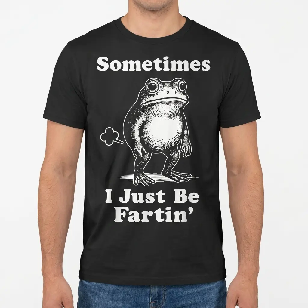 Sometimes I Just Be Fartin Funny Frog Graphic T-Shirt 4 Front view of a male model wearing the black Sometimes I Just Be Fartin funny frog t-shirt.