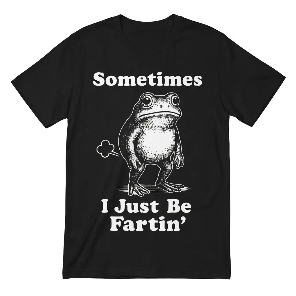 Sometimes I Just Be Fartin Funny Frog Graphic T-Shirt 1 Flat lay of a black t-shirt featuring a funny frog graphic and the text Sometimes I Just Be Fartin.