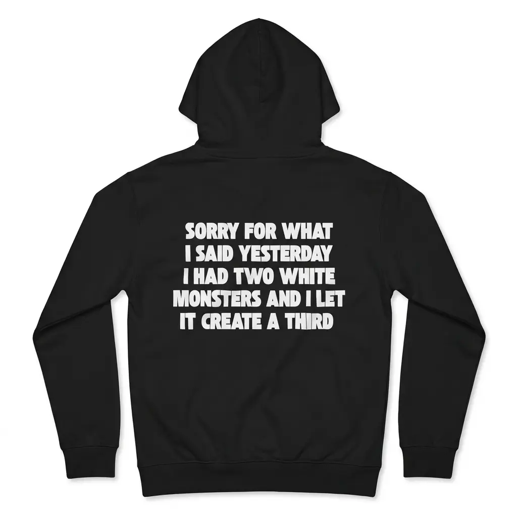Sorry For What I Said I Had Two White Monsters T-Shirt 2 Cozy pullover hoodie displaying black tee back print reading SORRY FOR WHAT I SAID YESTERDAY I HAD TWO WHITE MONSTERS AND I LET IT CREATE A THIRD