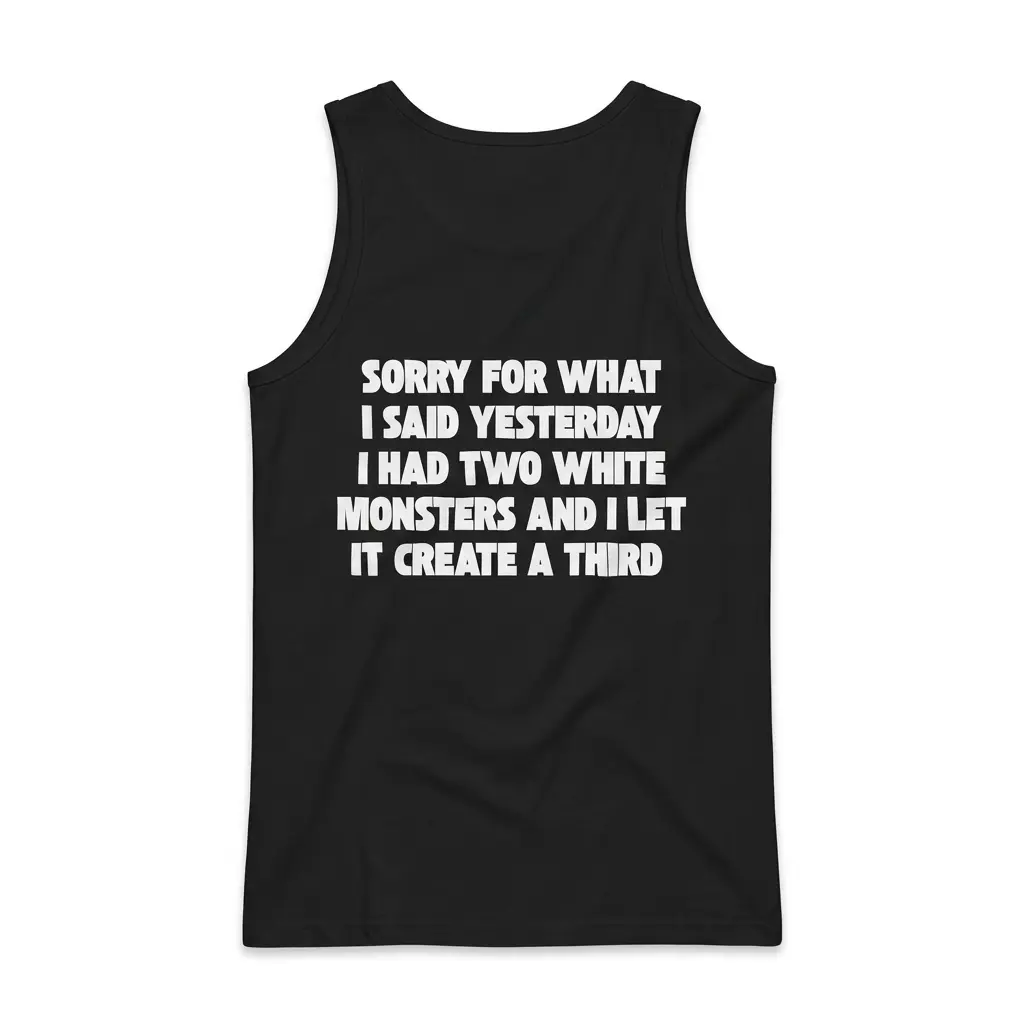 Sorry For What I Said I Had Two White Monsters T-Shirt 3 Sleeveless casual tank top with black tee back print reading SORRY FOR WHAT I SAID YESTERDAY I HAD TWO WHITE MONSTERS AND I LET IT CREATE A THIRD