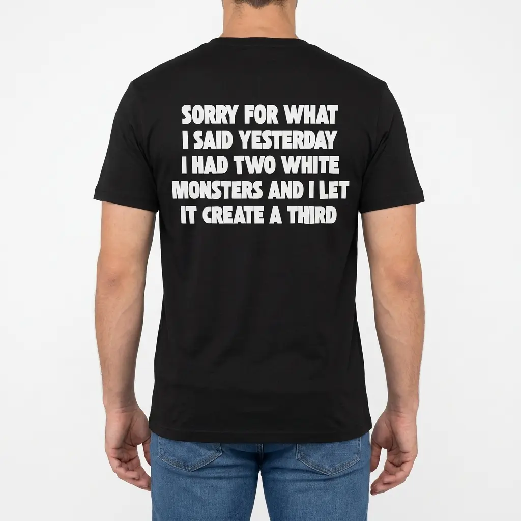 Sorry For What I Said I Had Two White Monsters T-Shirt 4 Man wearing black graphic tee with black tee back print reading SORRY FOR WHAT I SAID YESTERDAY I HAD TWO WHITE MONSTERS AND I LET IT CREATE A THIRD