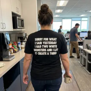Sorry For What I Said I Had Two White Monsters T-Shirt 10 Everyday streetwear outfit styling black shirt with black tee back print reading SORRY FOR WHAT I SAID YESTERDAY I HAD TWO WHITE MONSTERS AND I LET IT