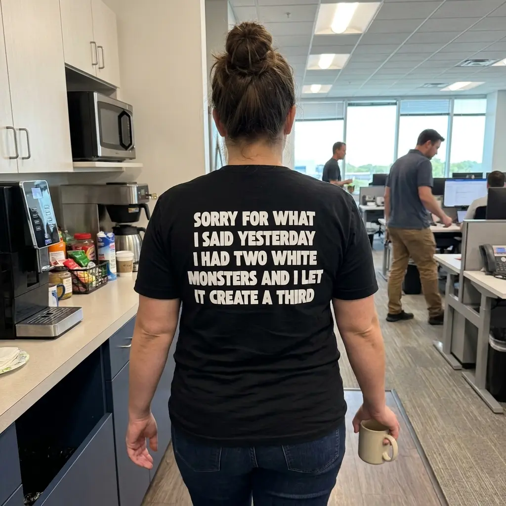 Sorry For What I Said I Had Two White Monsters T-Shirt 5 Everyday streetwear outfit styling black shirt with black tee back print reading SORRY FOR WHAT I SAID YESTERDAY I HAD TWO WHITE MONSTERS AND I LET IT