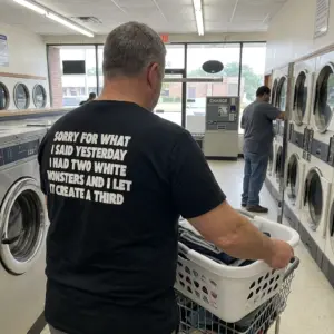 Sorry For What I Said I Had Two White Monsters T-Shirt 11 Close-up casual look showcasing black tee and black tee back print reading SORRY FOR WHAT I SAID YESTERDAY I HAD TWO WHITE MONSTERS AND I LET IT CREATE A