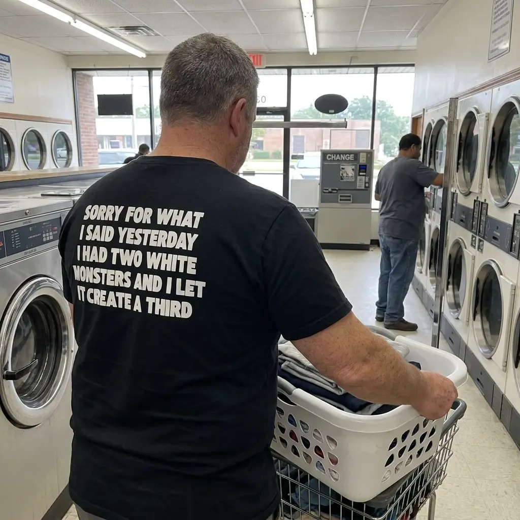 Sorry For What I Said I Had Two White Monsters T-Shirt 6 Close-up casual look showcasing black tee and black tee back print reading SORRY FOR WHAT I SAID YESTERDAY I HAD TWO WHITE MONSTERS AND I LET IT CREATE A