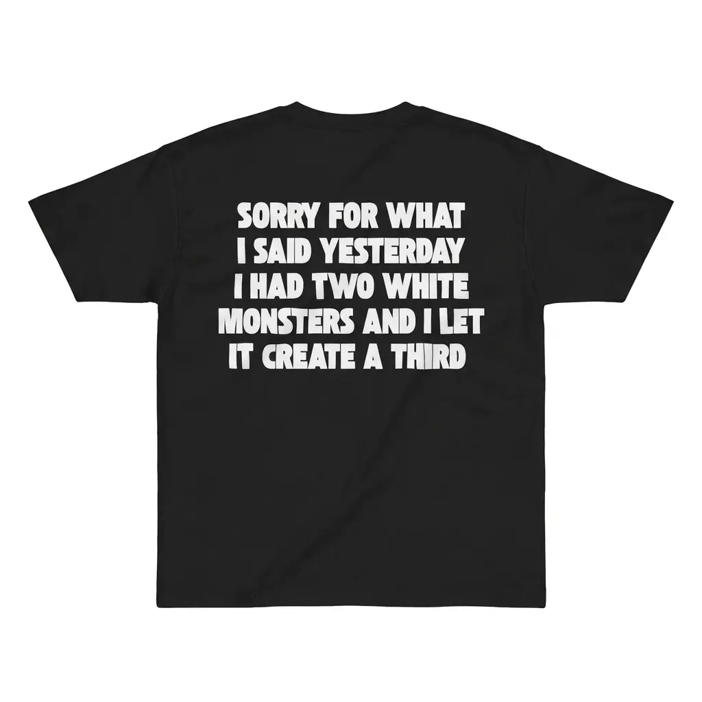 Sorry For What I Said I Had Two White Monsters T-Shirt 1 Flatlay black t-shirt featuring black tee back print reading SORRY FOR WHAT I SAID YESTERDAY I HAD TWO WHITE MONSTERS AND I LET IT CREATE A THIRD