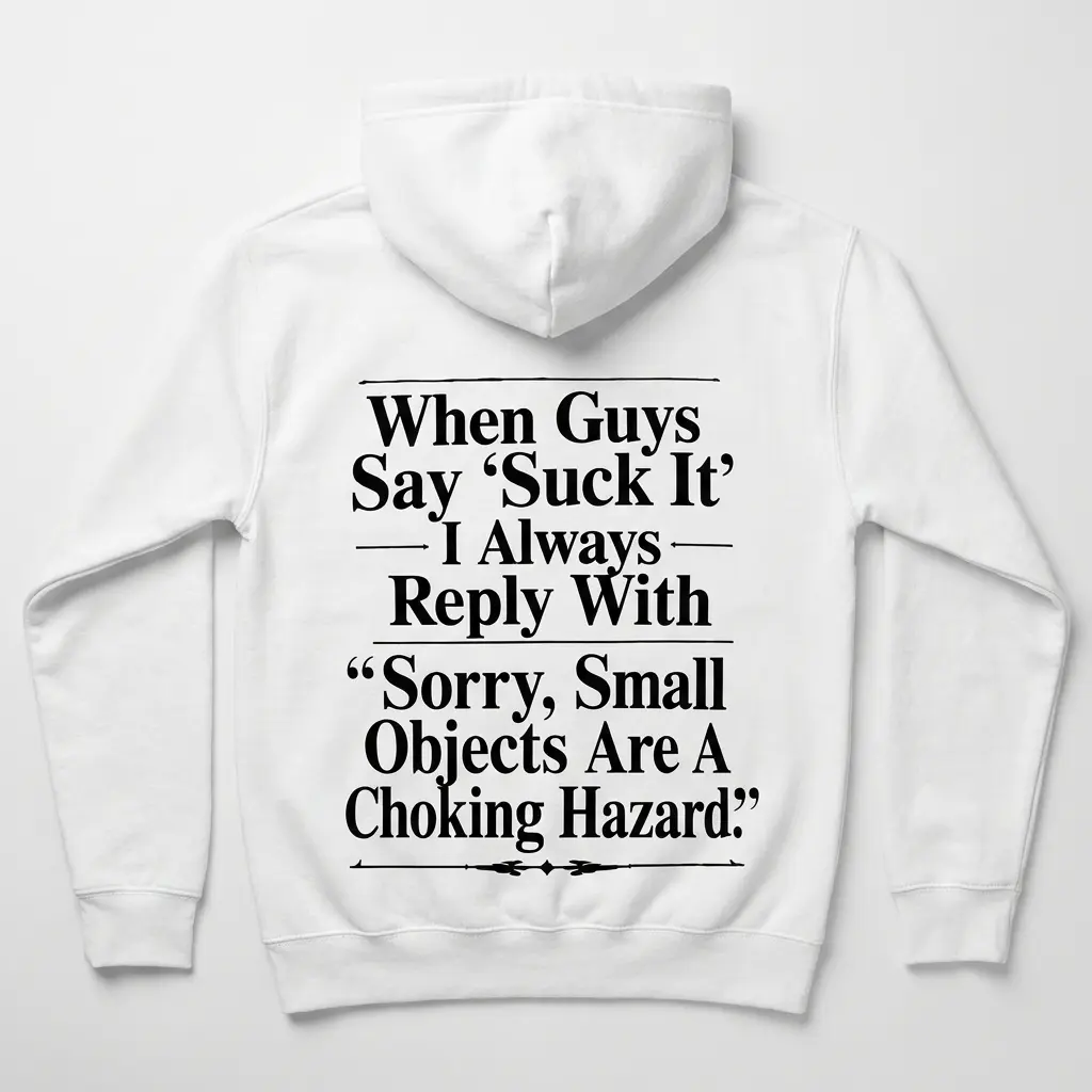 White pullover hoodie back flatlay featuring the When Guys Say Suck It Sorry Small Objects Are A Choking Hazard quote