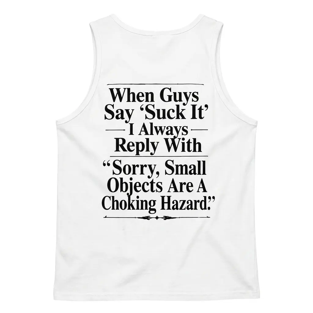 White tank top back flatlay printed with the funny Small Objects Are A Choking Hazard sarcastic comeback