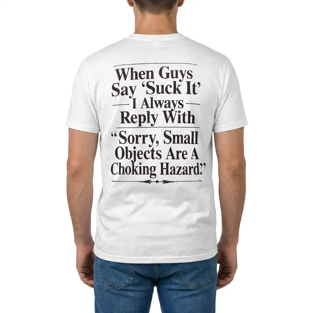 Rear view of a man wearing the white Sorry Small Objects Are A Choking Hazard Savage Comeback Tee