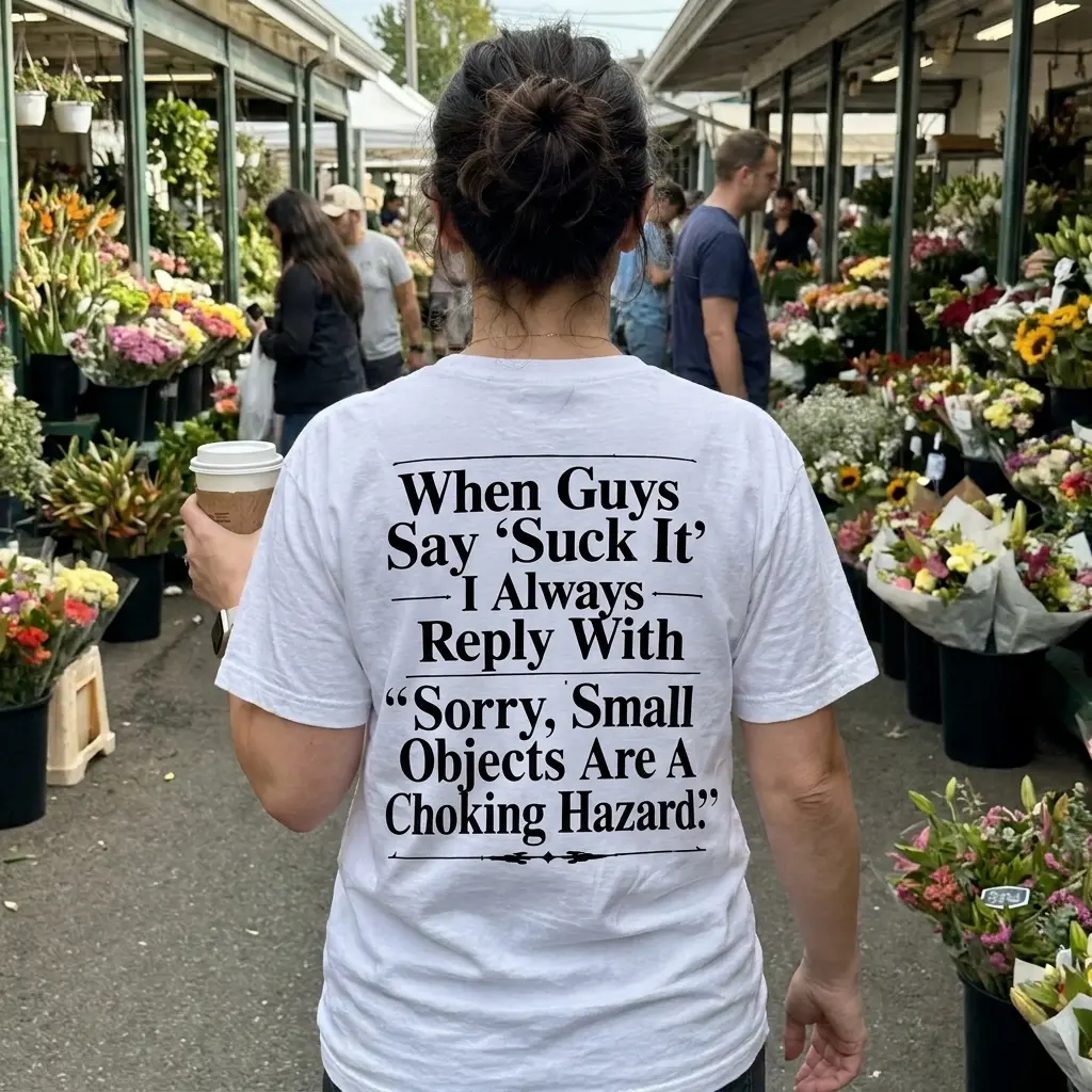 Candid street rear view of a wearer in the white Sorry Small Objects Are A Choking Hazard Savage Comeback Tee