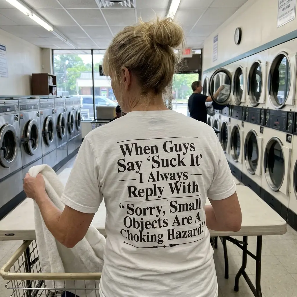Everyday outdoor look showcasing the back print of the white Small Objects Are A Choking Hazard joke t-shirt