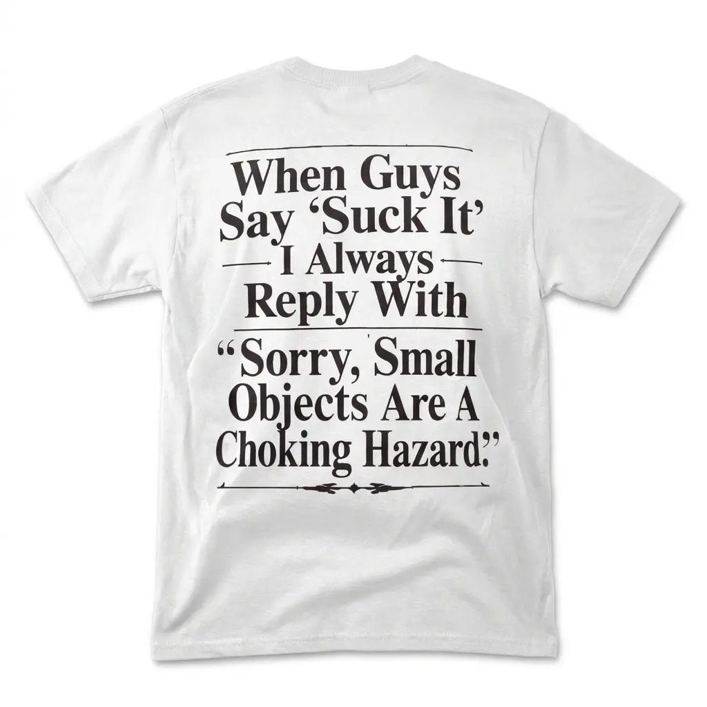 Sorry Small Objects Are A Choking Hazard Savage Comeback Tee back flatlay on a white t-shirt with black serif text
