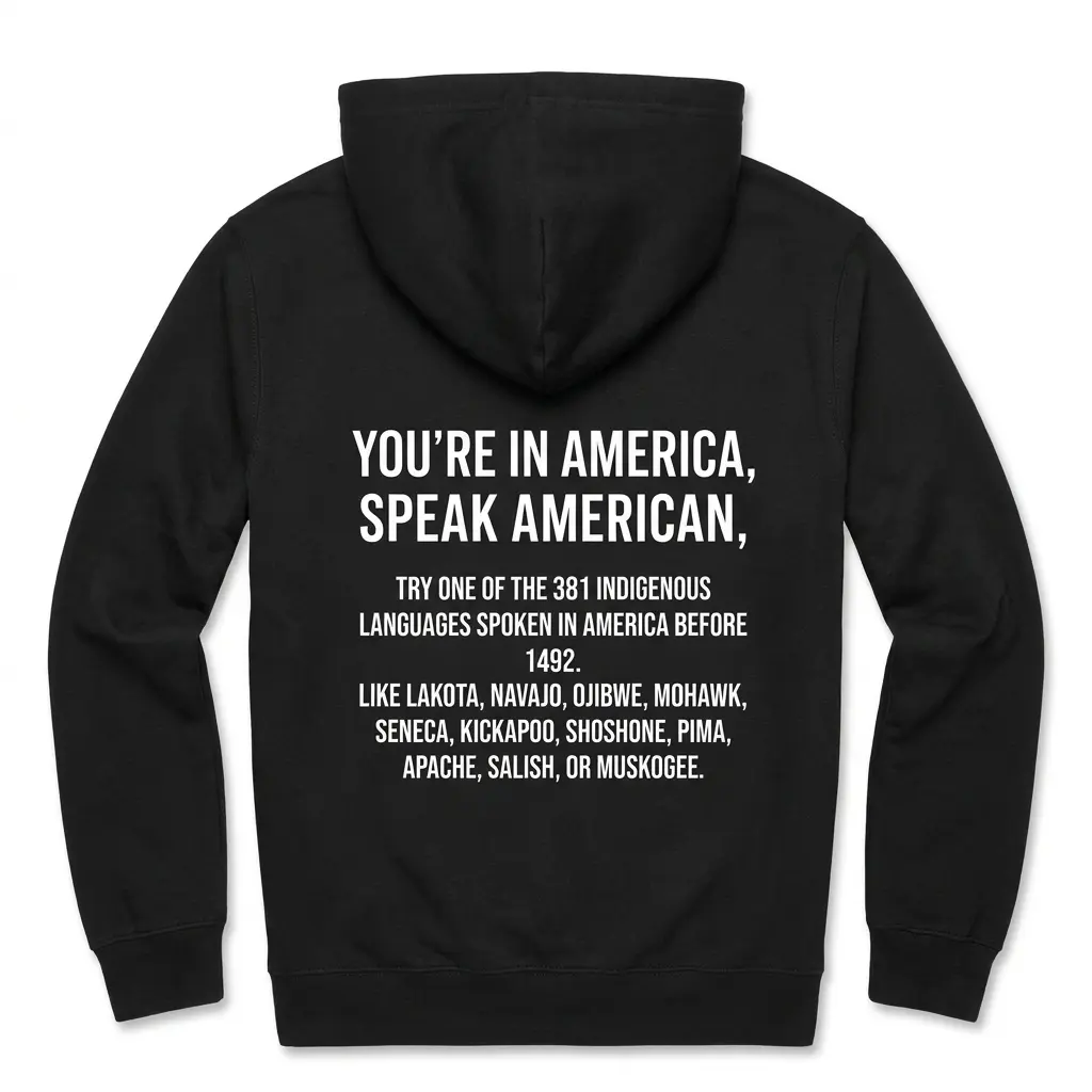 Black hoodie back flatlay displaying the 381 Indigenous Languages Spoken In America Before 1492 Lakota Navajo list