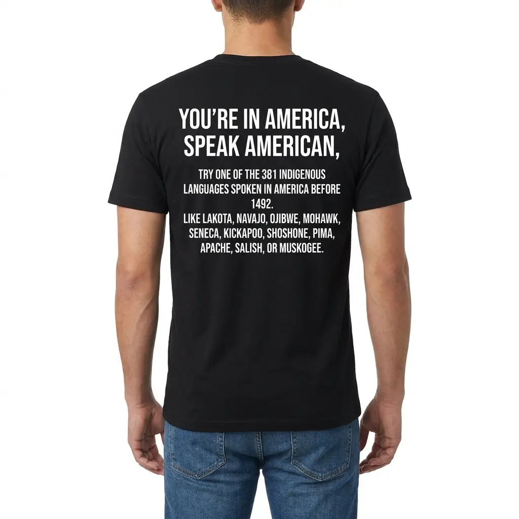 Rear view of a man wearing the black Speak American 381 Indigenous Languages Before 1492 T-Shirt
