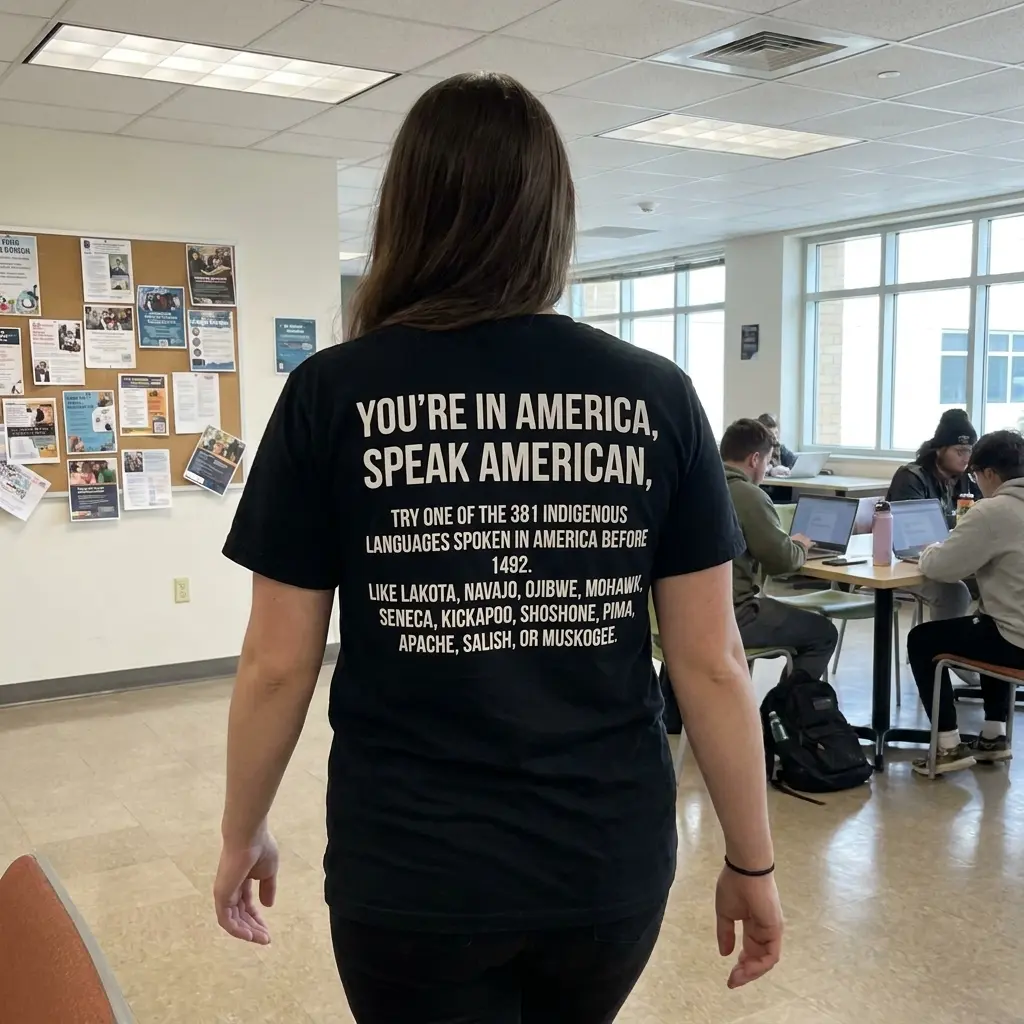 Candid outdoor rear photo of a wearer in the black Speak American 381 Indigenous Languages Before 1492 T-Shirt