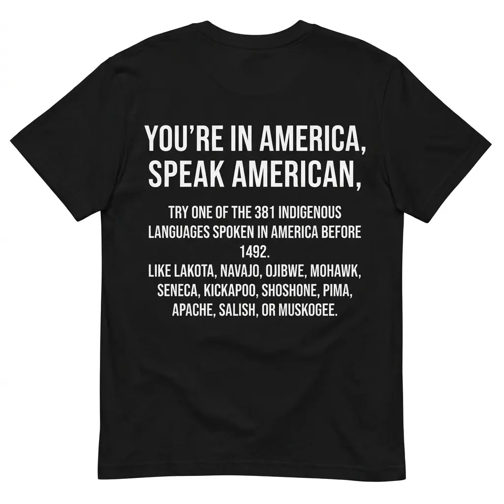 Speak American 381 Indigenous Languages Before 1492 T-Shirt back flatlay on a black tee with white block text