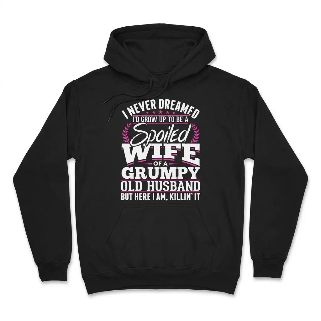 Spoiled Wife of a Grumpy Old Husband T-Shirt 2 Front flatlay hoodie mockup with the spoiled wife of a grumpy old husband graphic in white and pink.