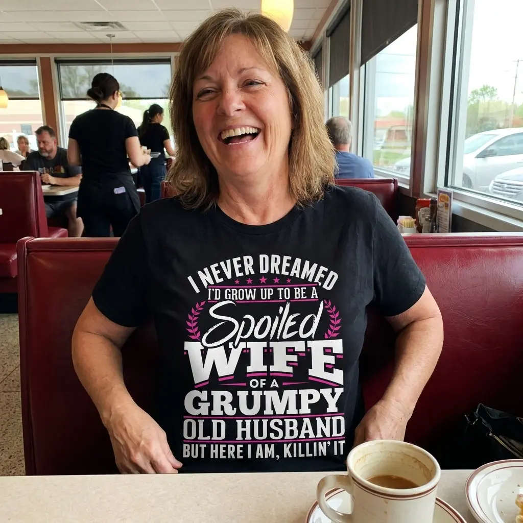 Spoiled Wife of a Grumpy Old Husband T-Shirt 5 Lifestyle view of the spoiled wife shirt design with bold white text and pink accent details.
