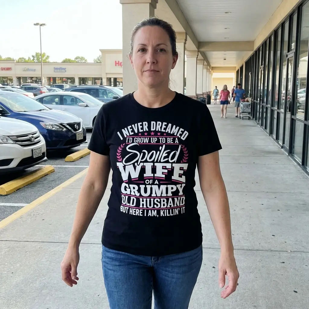 Spoiled Wife of a Grumpy Old Husband T-Shirt 6 Lifestyle product view featuring the spoiled wife of a grumpy old husband shirt graphic.