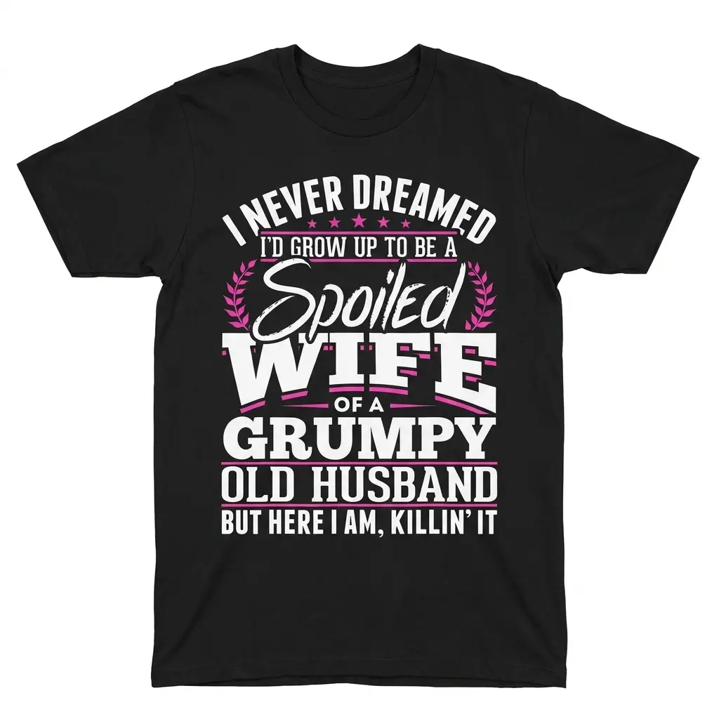 Spoiled Wife of a Grumpy Old Husband T-Shirt 1 Front flatlay of a black spoiled wife shirt with bold white and pink grumpy old husband lettering.