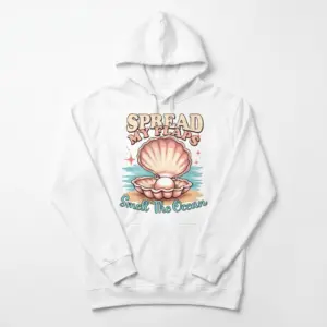 Spread My Flaps Smell the Ocean Retro Seashell T-Shirt 7 Front flat lay view of a hoodie featuring the vintage seashell pearl Spread My Flaps design.