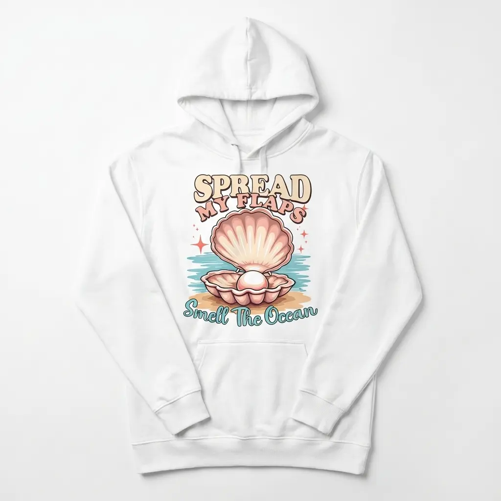 Front flat lay view of a hoodie featuring the vintage seashell pearl Spread My Flaps design.