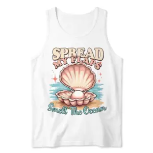 Spread My Flaps Smell the Ocean Retro Seashell T-Shirt 8 Flat lay view of a tank top with the Spread My Flaps Smell the Ocean seashell illustration.