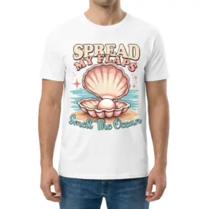 Spread My Flaps Smell the Ocean Retro Seashell T-Shirt 9 Male model wearing the Spread My Flaps Smell the Ocean retro seashell t-shirt facing front.