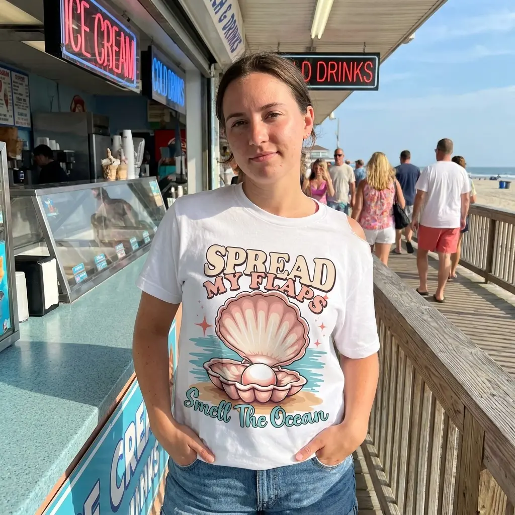 Lifestyle shot of the Spread My Flaps Smell the Ocean retro seashell graphic shirt.