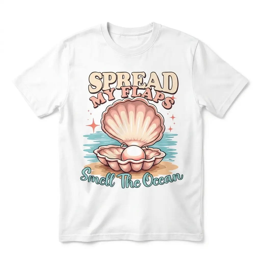 Spread My Flaps Smell the Ocean retro seashell graphic printed on a white t-shirt flat lay.
