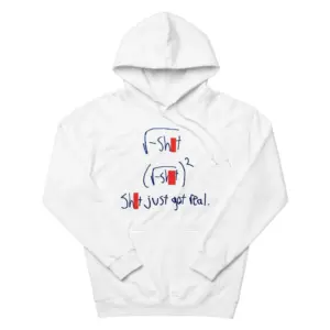 Square Root Negative Shit Just Got Real Math Pun T-Shirt 7 Cozy pullover hoodie displaying white tee front print showing handwritten blue math equations where squaring the square root makes Shit just got real