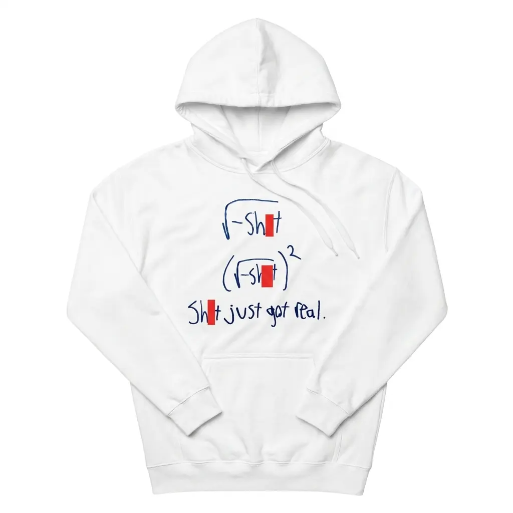 Cozy pullover hoodie displaying white tee front print showing handwritten blue math equations where squaring the square root makes Shit just got real