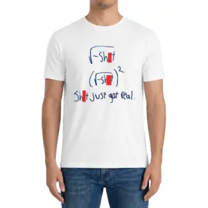 Square Root Negative Shit Just Got Real Math Pun T-Shirt 9 Man wearing white graphic tee with white tee front print showing handwritten blue math equations where squaring the square root makes Shit just got real