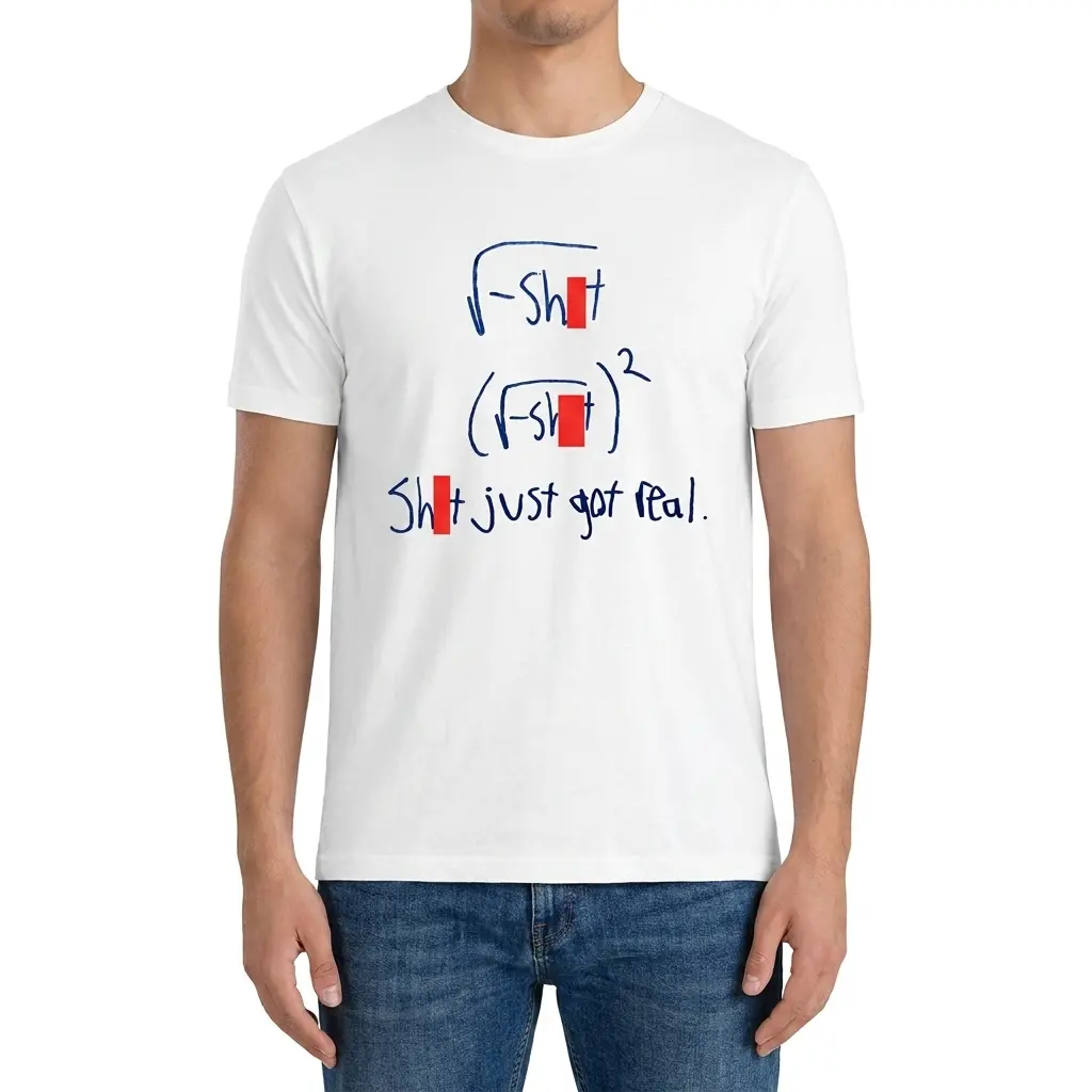 Man wearing white graphic tee with white tee front print showing handwritten blue math equations where squaring the square root makes Shit just got real