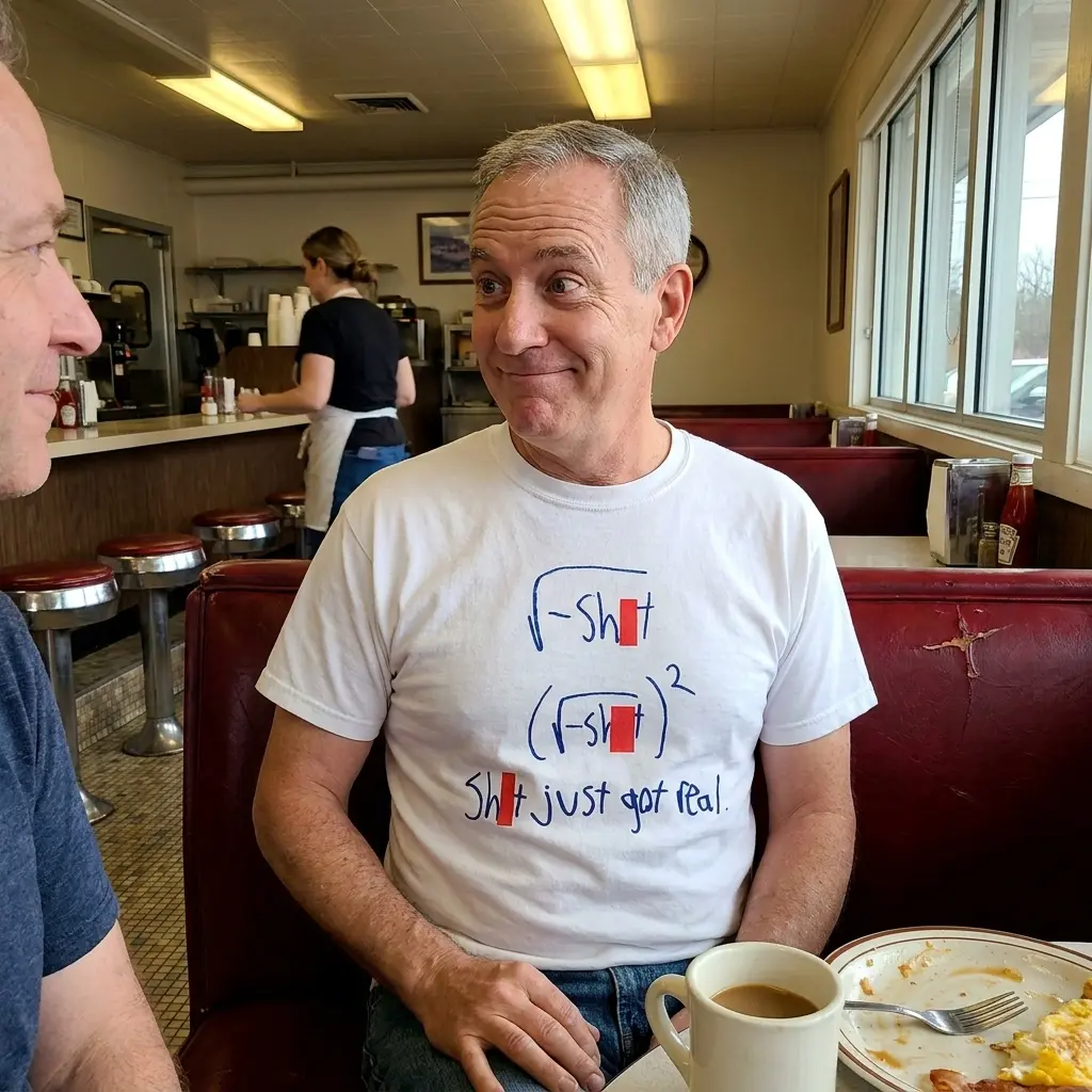 Everyday streetwear outfit styling white shirt with white tee front print showing handwritten blue math equations where squaring the square root makes