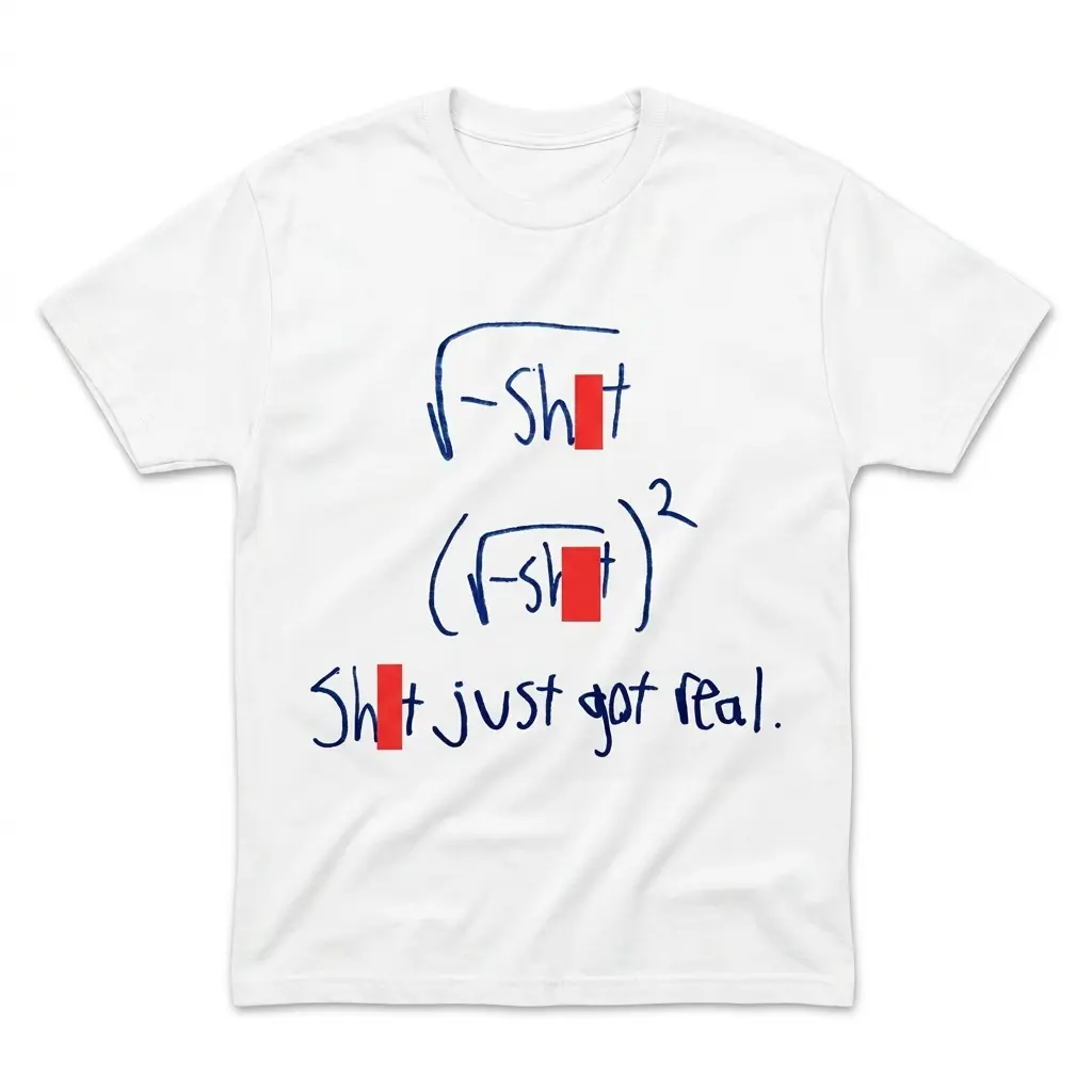 Flatlay white t-shirt featuring white tee front print showing handwritten blue math equations where squaring the square root makes Shit just got real