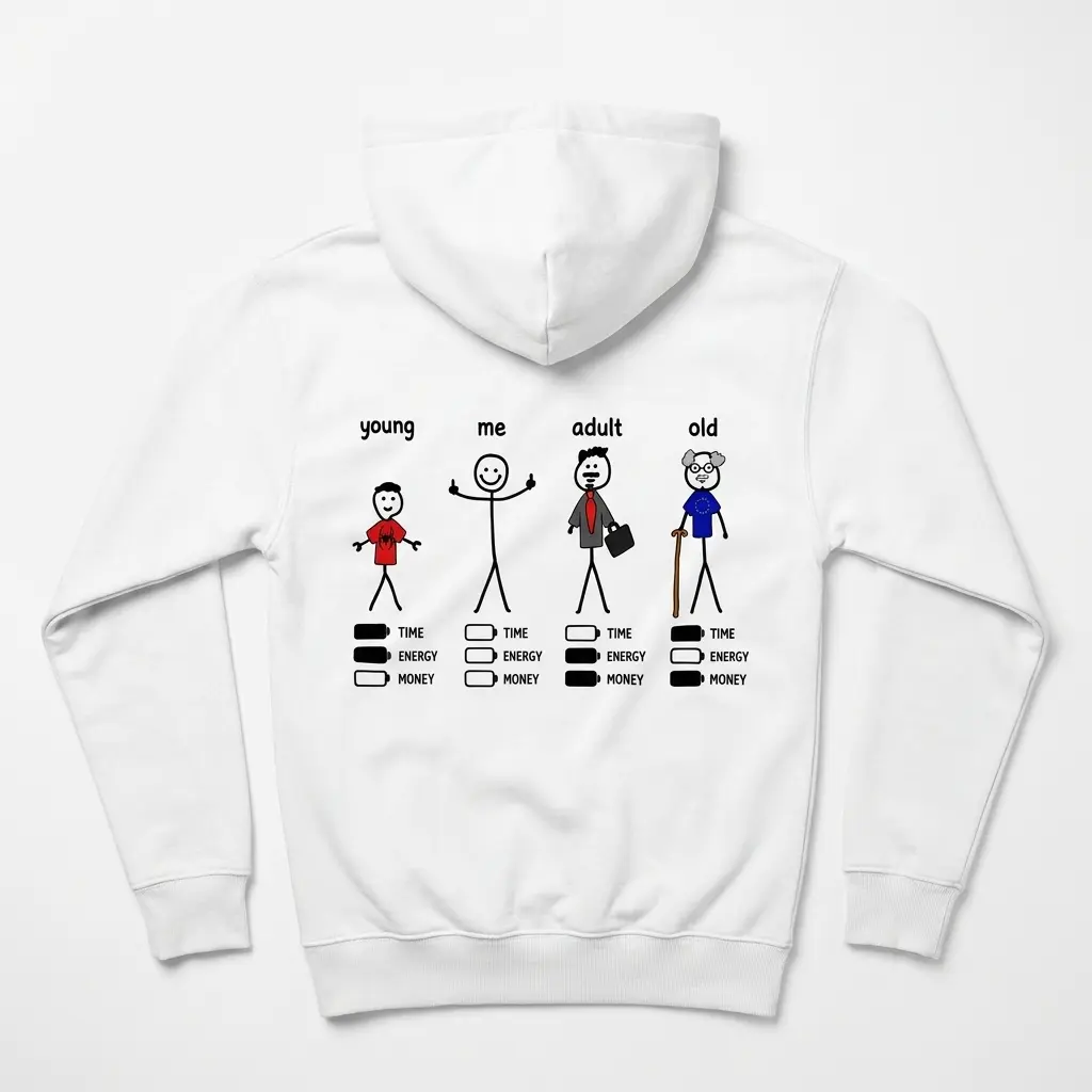 Stages of Life Time Energy Money Battery Meme T-Shirt 2 Cozy pullover hoodie displaying back print showing four stick figures labeled young me adult old above TIME ENERGY MONEY battery bars