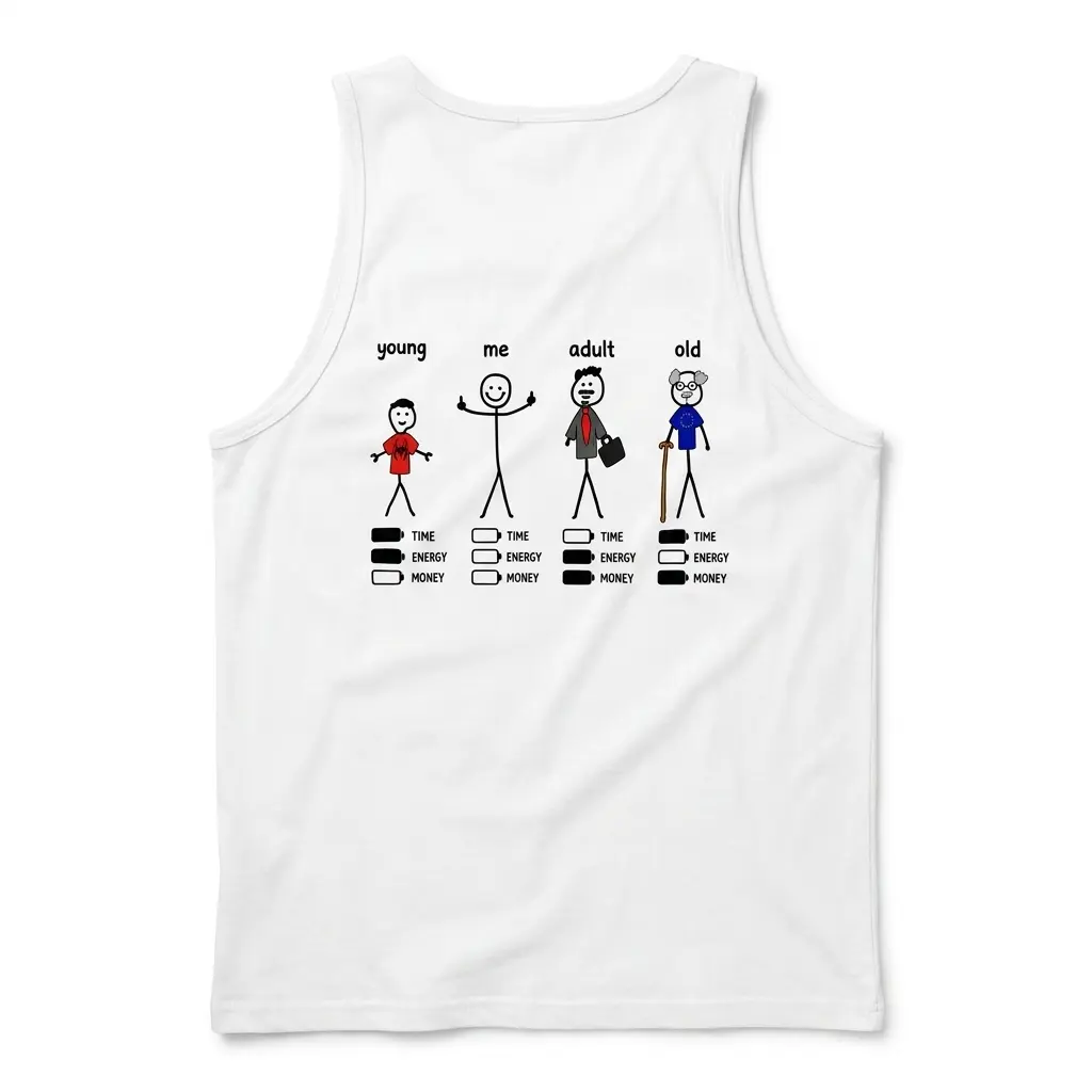 Stages of Life Time Energy Money Battery Meme T-Shirt 3 Sleeveless casual tank top with back print showing four stick figures labeled young me adult old above TIME ENERGY MONEY battery bars