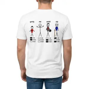 Stages of Life Time Energy Money Battery Meme T-Shirt 9 Man wearing white graphic tee with back print showing four stick figures labeled young me adult old above TIME ENERGY MONEY battery bars