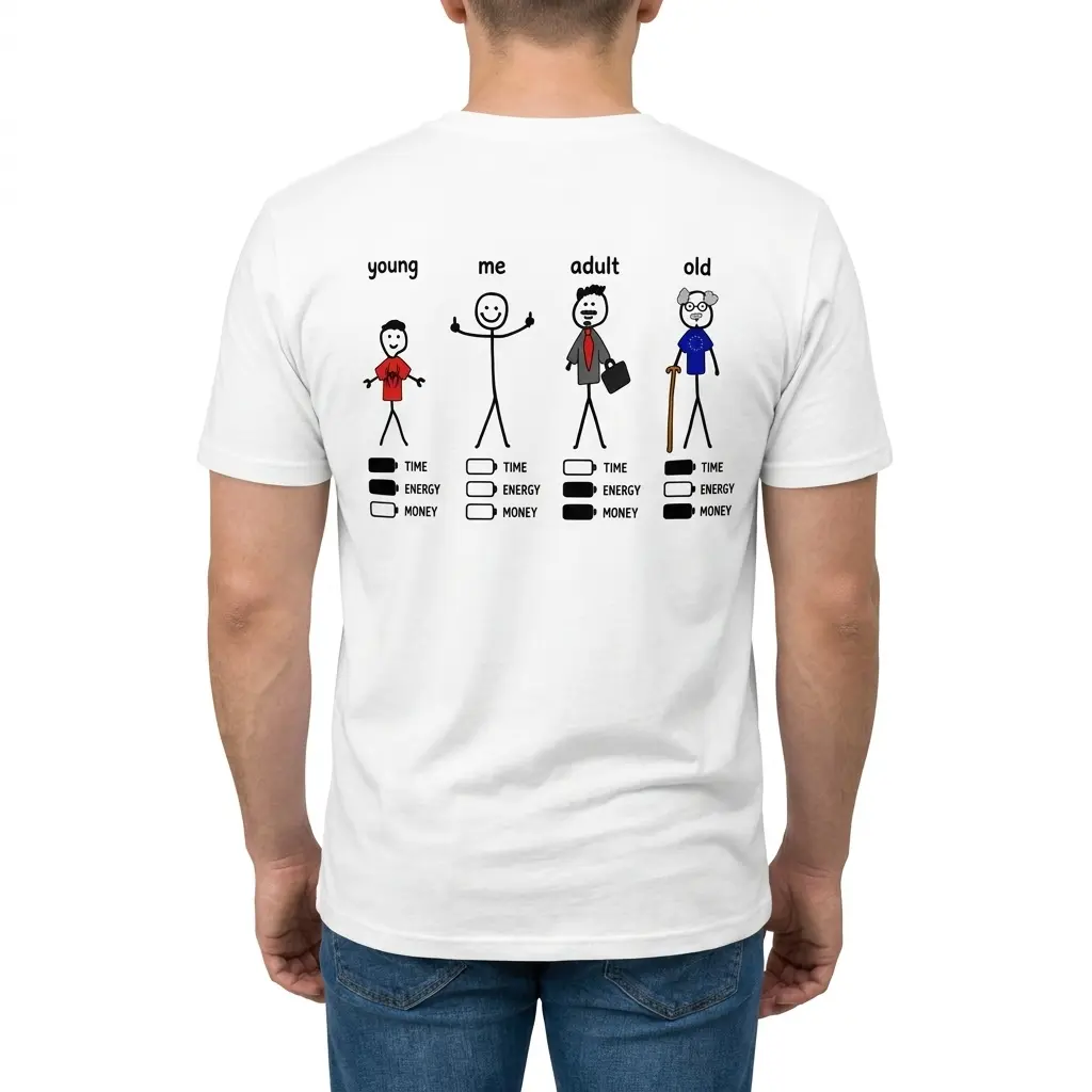Stages of Life Time Energy Money Battery Meme T-Shirt 4 Man wearing white graphic tee with back print showing four stick figures labeled young me adult old above TIME ENERGY MONEY battery bars