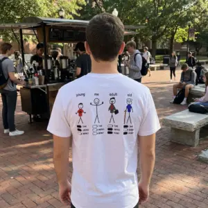 Stages of Life Time Energy Money Battery Meme T-Shirt 10 Everyday streetwear outfit styling white shirt with back print showing four stick figures labeled young me adult old above TIME ENERGY MONEY battery bars