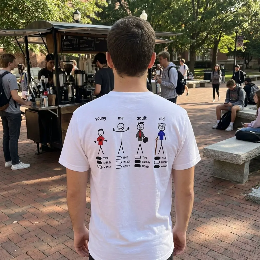 Stages of Life Time Energy Money Battery Meme T-Shirt 5 Everyday streetwear outfit styling white shirt with back print showing four stick figures labeled young me adult old above TIME ENERGY MONEY battery bars