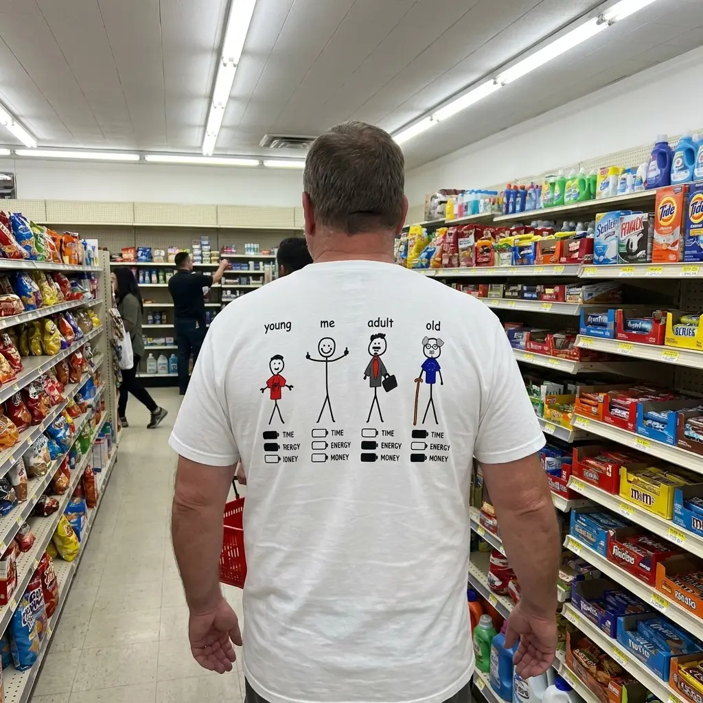Stages of Life Time Energy Money Battery Meme T-Shirt 6 Close-up casual look showcasing white tee and back print showing four stick figures labeled young me adult old above TIME ENERGY MONEY battery bars