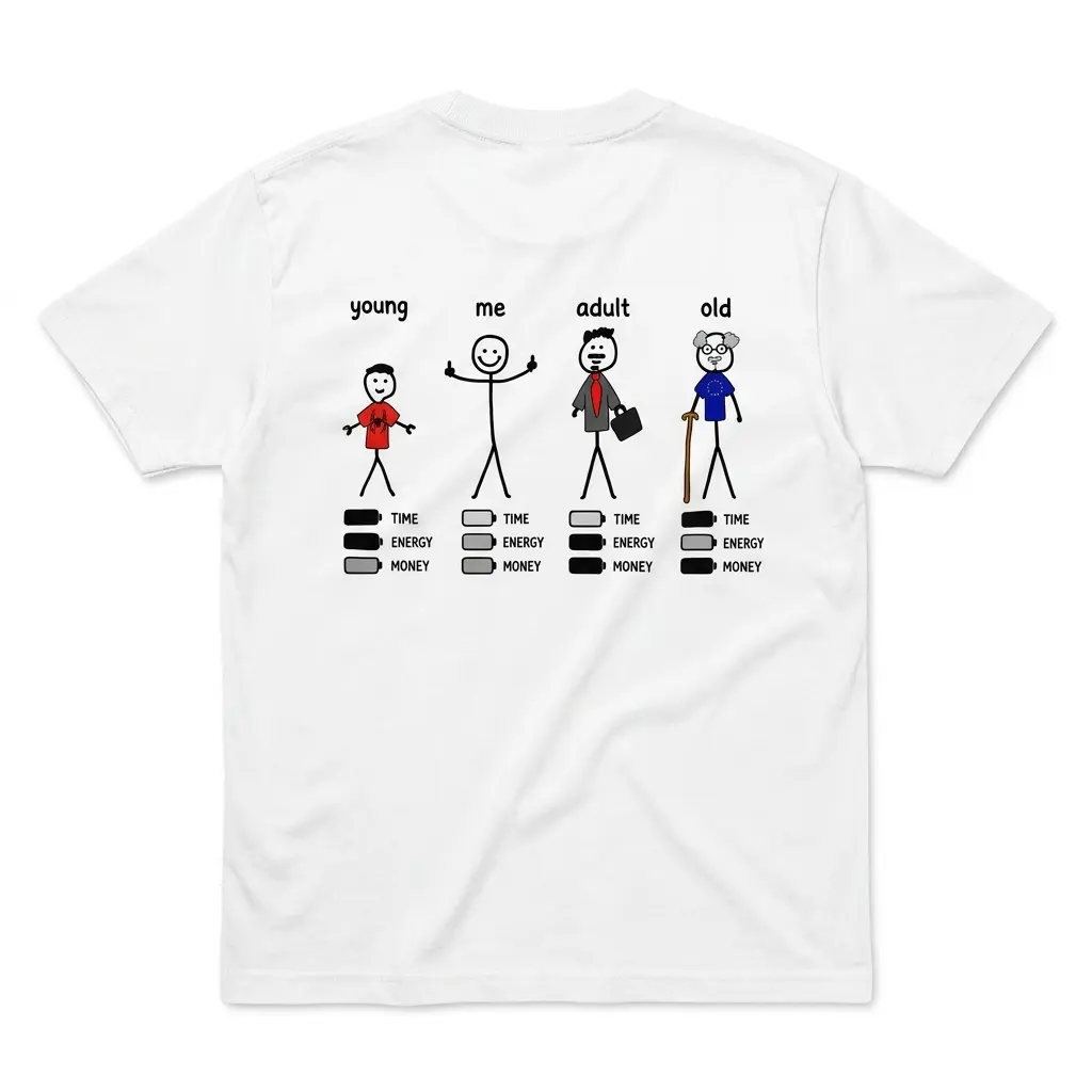 Stages of Life Time Energy Money Battery Meme T-Shirt 1 Flatlay white t-shirt featuring back print showing four stick figures labeled young me adult old above TIME ENERGY MONEY battery bars